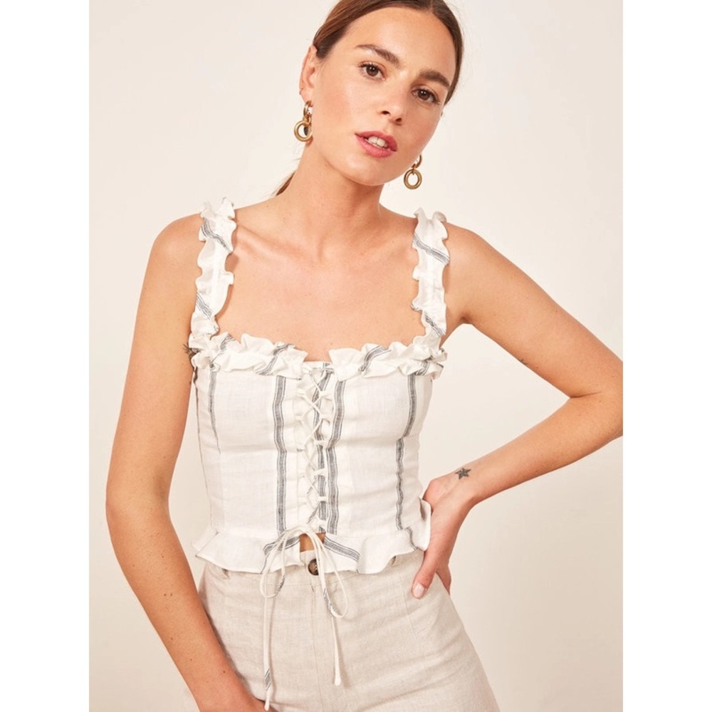 Reformation Linen Striped Cropped Tie Top